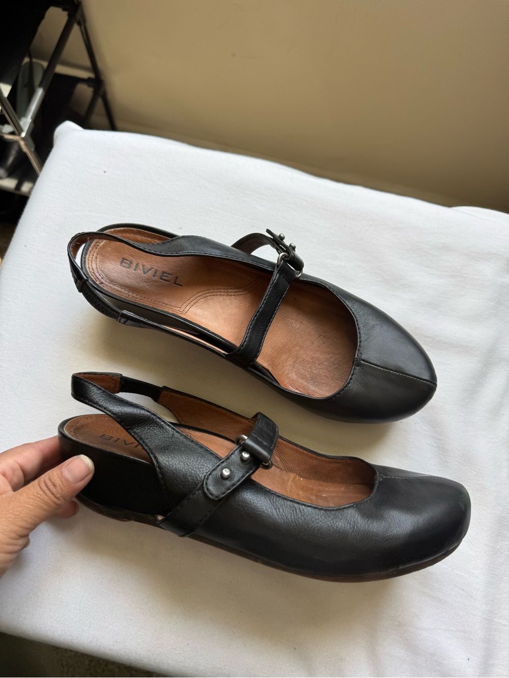 Black Leather Biviel slingback Mary Jane flats with buckle strap. size 39 USA8.5